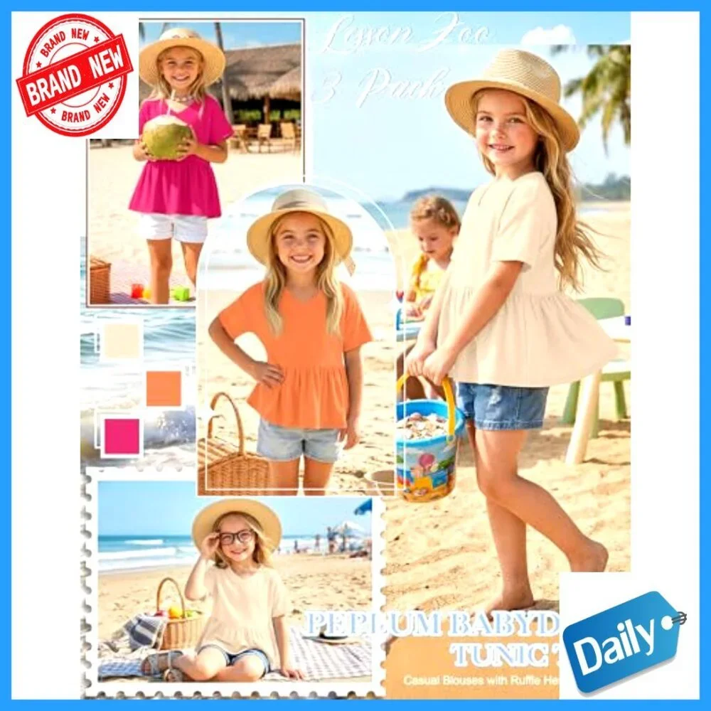 Girls 3-Pack Short Sleeve Peplum Babydoll Tunic Tees V-Neck Ruffle Hem
